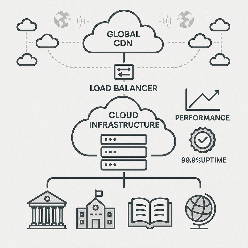 Cloud infrastructure diagram showing global CDN network, load balancing, and multi-tenant architecture delivering cloud-based learning management system services to diverse educational institutions worldwide with performance metrics and uptime statistics